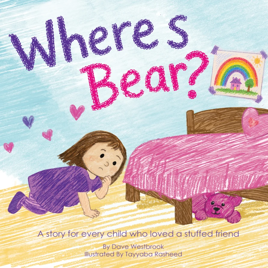 Where’s Bear? book cover: a little girl searches under her pink bed for her purple stuffed bear.