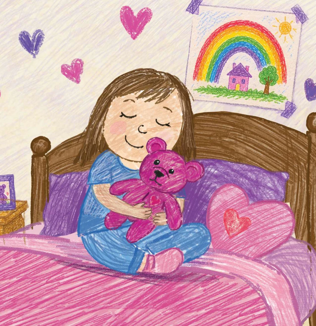 A little girl hugging her purple Bear on her bed.